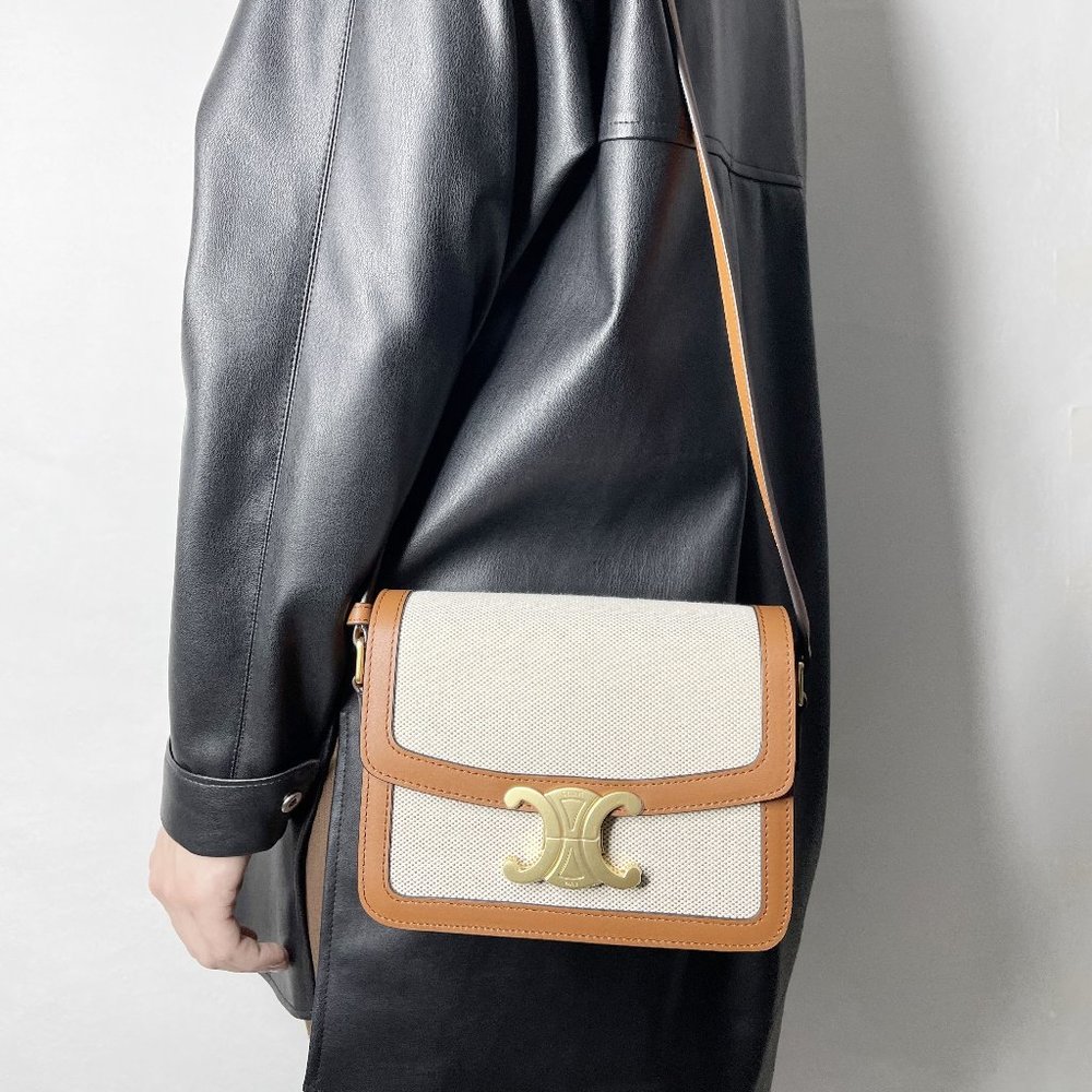 Celine Teen Triomphe Bag Textile & Natural Calfskin Colors: Tan White Cross-Body